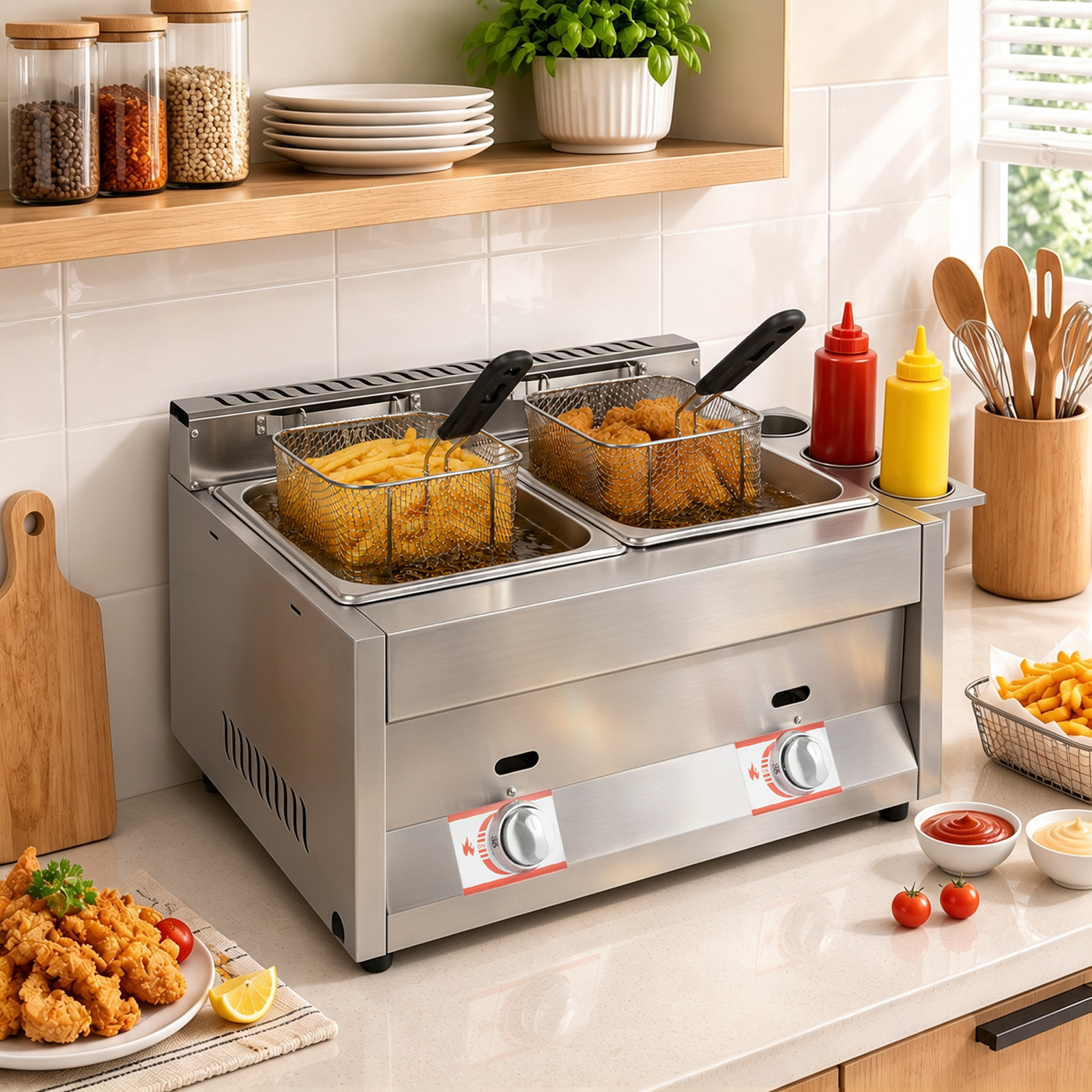 Food Snacks Restaurant - Zilveren 6L×2 dubbele tank gasfriteuse van
